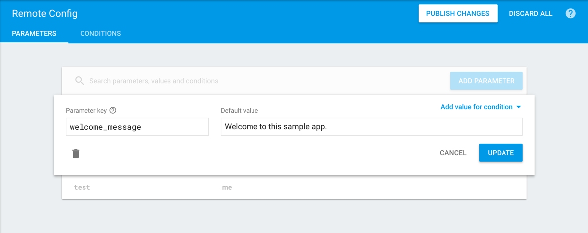 Remote Config parameter configuration.